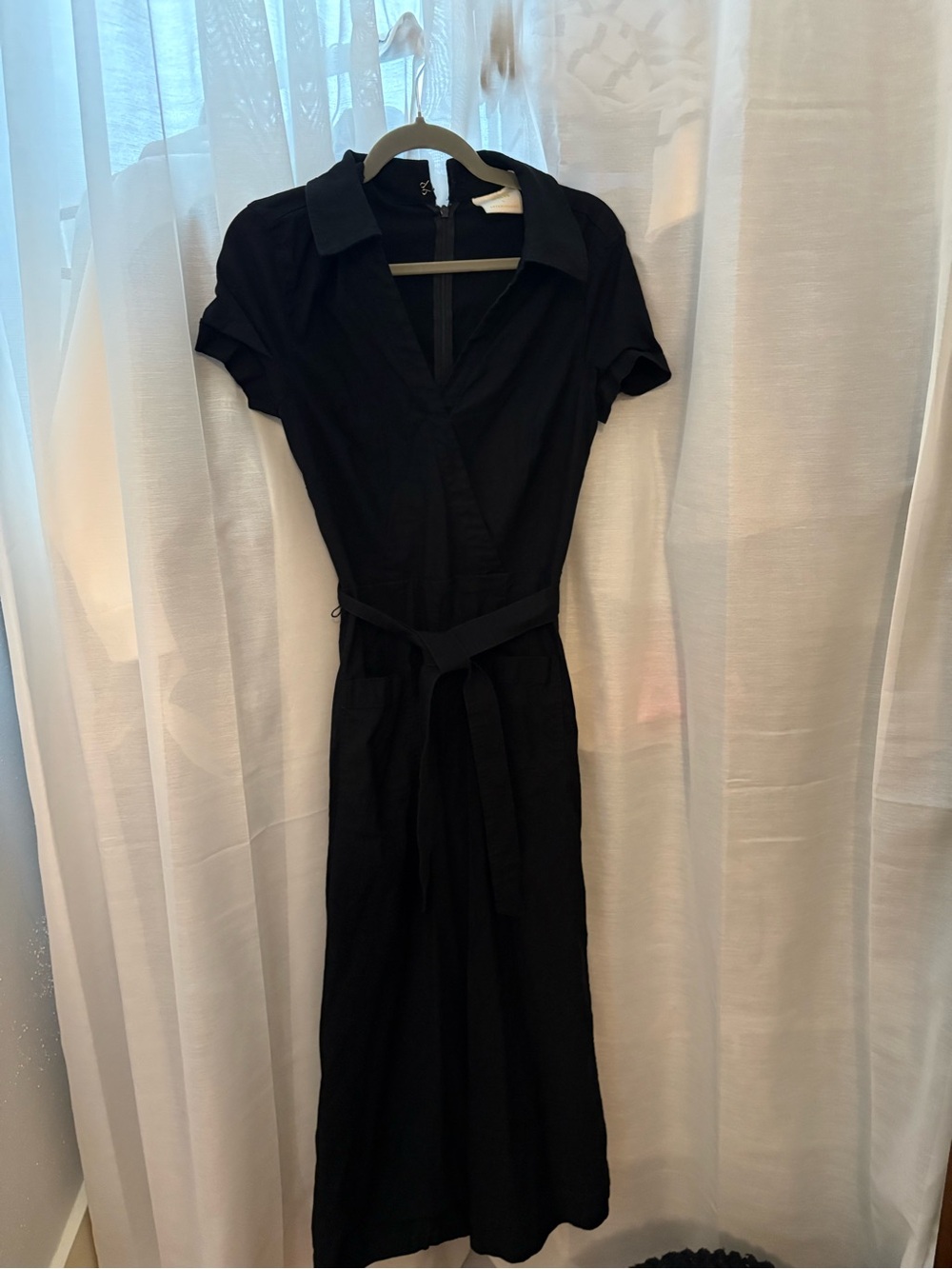 Maeve Colette Black Collared Midi Jumpsuit with Waist Tie